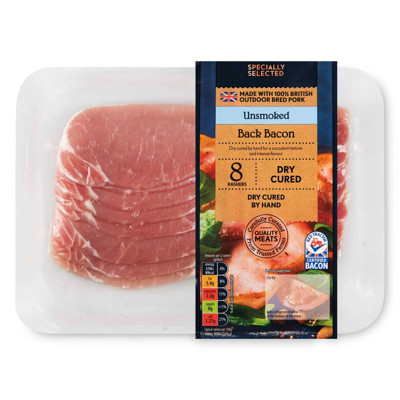 Unsmoked dry cured back bacon 8 pack, imported from the UK