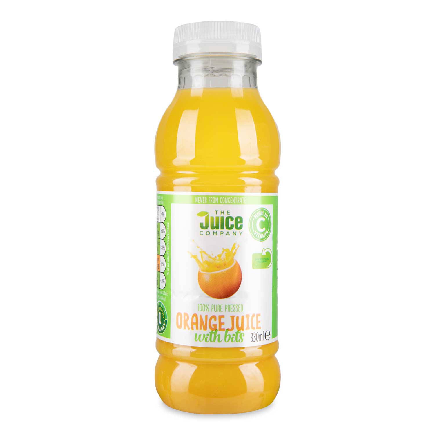 100% pure pressed orange juice with bits 330ml (British brand)