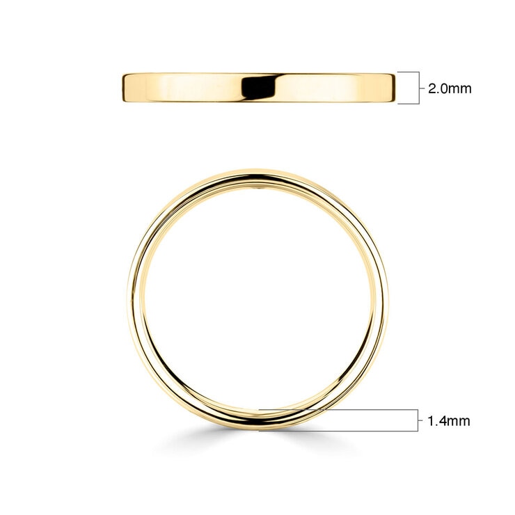 Flat court wedding ring 18ct yellow gold 2.0mm width, UK version