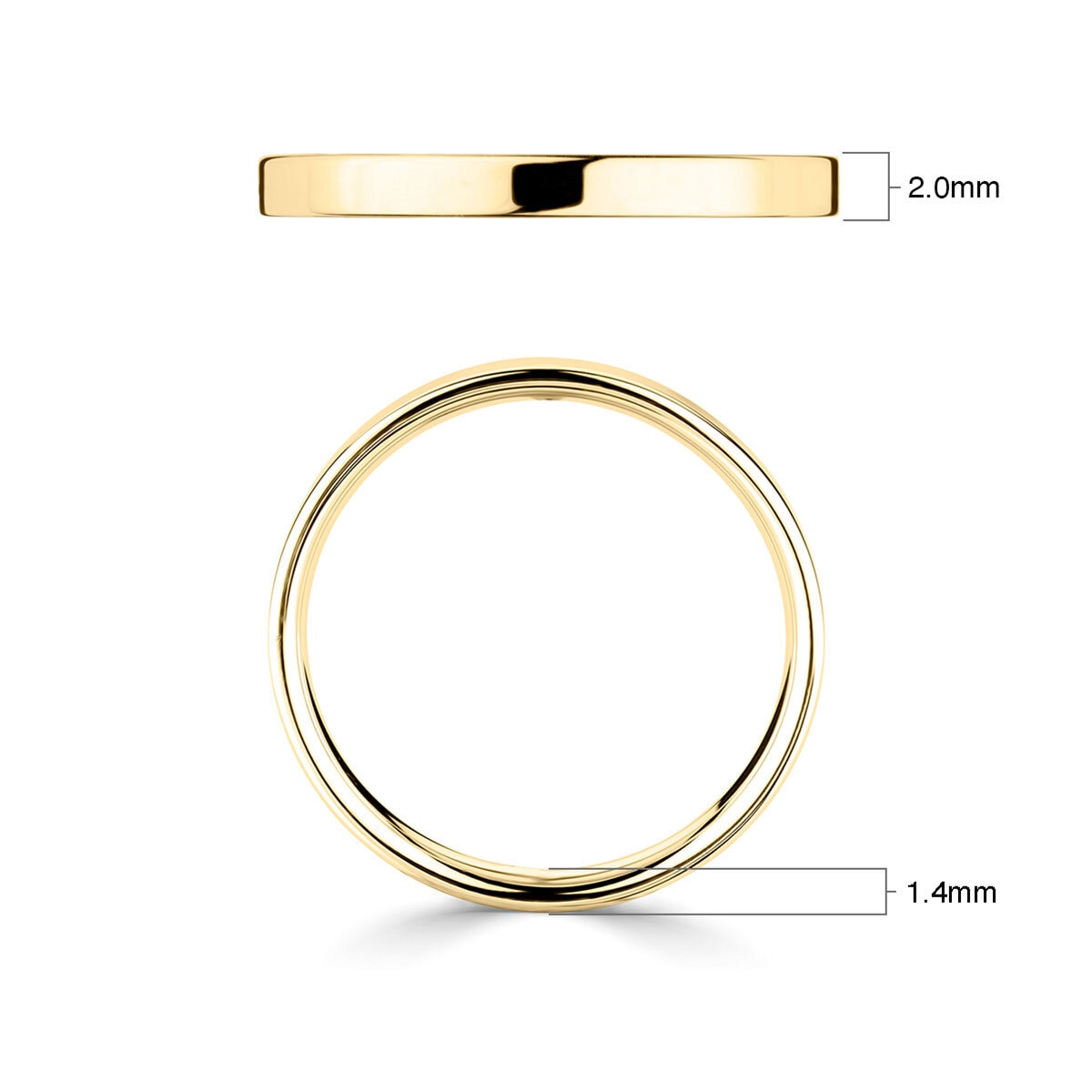 Flat court wedding ring 18ct yellow gold 2.0mm width, UK version