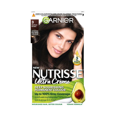 Boots Garnier Nutrisse Ultra Crème Dye Vegan 3 Darkest Brown Permanent Hair Dye- Buy online at McGrocer