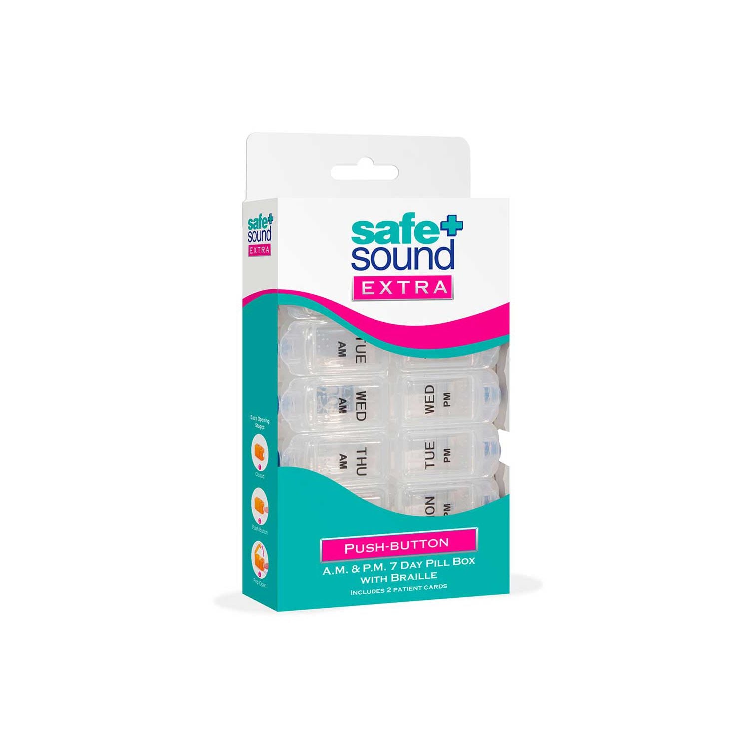 Safe&Sound push button AM/PM 7 day pill box with Braille, UK version