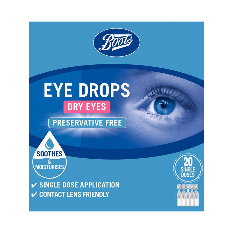 Boots Pharmaceuticals dry eyes eye drops single dose vials (British brand)