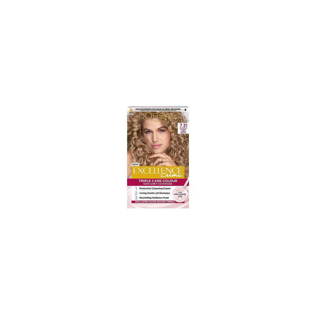 L’Oréal Paris Excellence Crème Permanent Hair Dye, Up to 100% Grey Hair Coverage, 7.31 Natural Dark Caramel Blonde