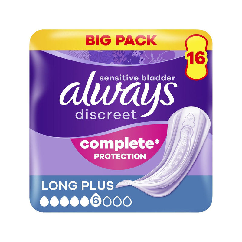 Always Discreet Long Plus incontinence pads 16 count, imported from the UK