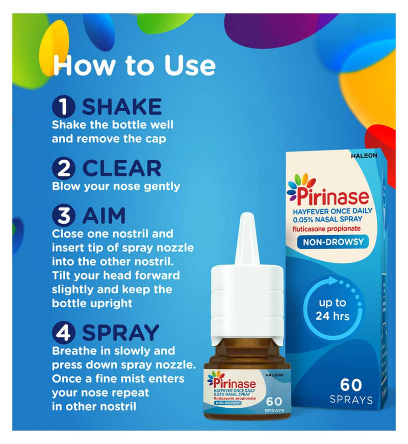 Pirinase hayfever relief nasal spray for adults 0.05% 60 sprays (British brand)