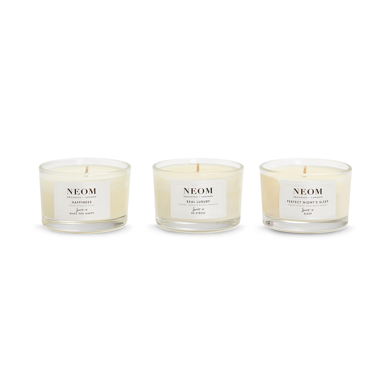 NEOM wellbeing candle trio with three scents - British product
