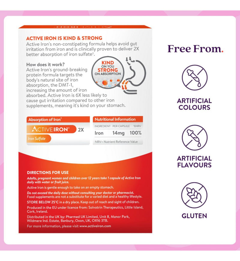Active Iron iron supplement 30 capsules, imported from the UK