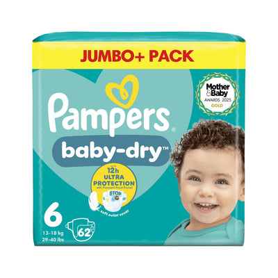 Boots Pampers Baby-Dry Size 6 Nappies, 13-18kg, Jumbo+ Pack 62 Count- Buy online at McGrocer