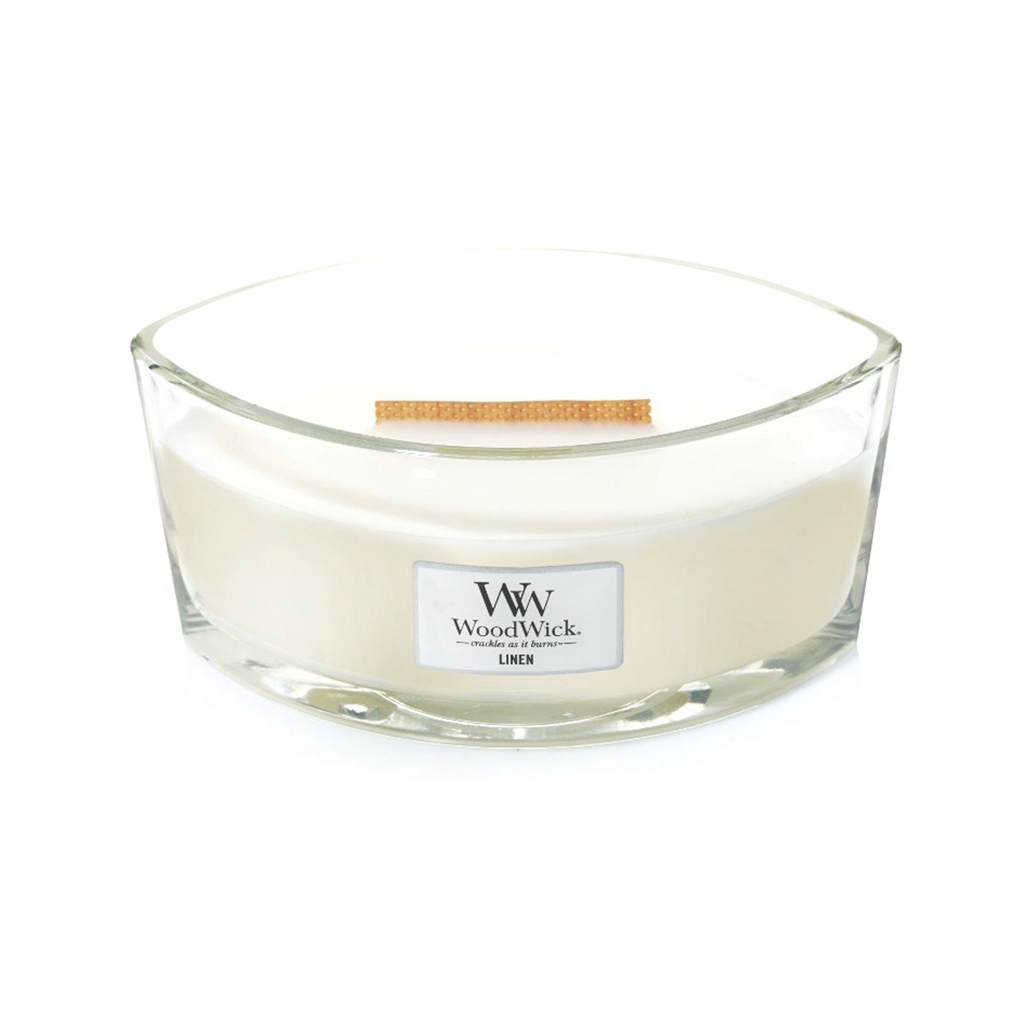 Bougie WoodWick Linen Ellipse avec flamme crépitante (marque britannique)