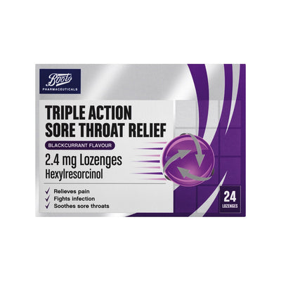 Boots Triple Action Halsschmerz Linderung Johannisbeere Lutschtabletten 24 Lutschtabletten
