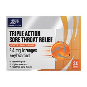 Boots Triple Action Sore Throat Relief Honey & Lemon Flavour Lozenges 24 Pack