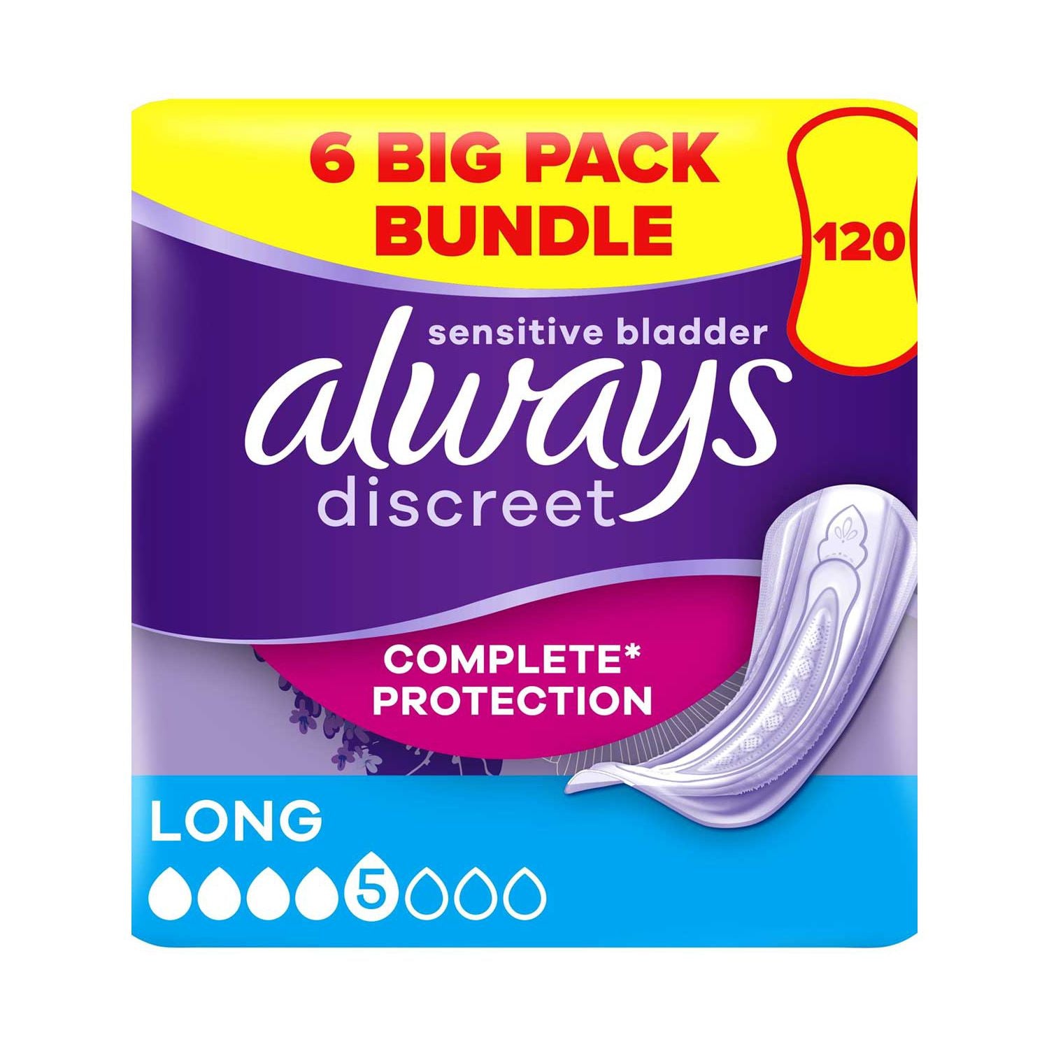 Always Discreet incontinence pads Plus Long 120 pads (British brand)