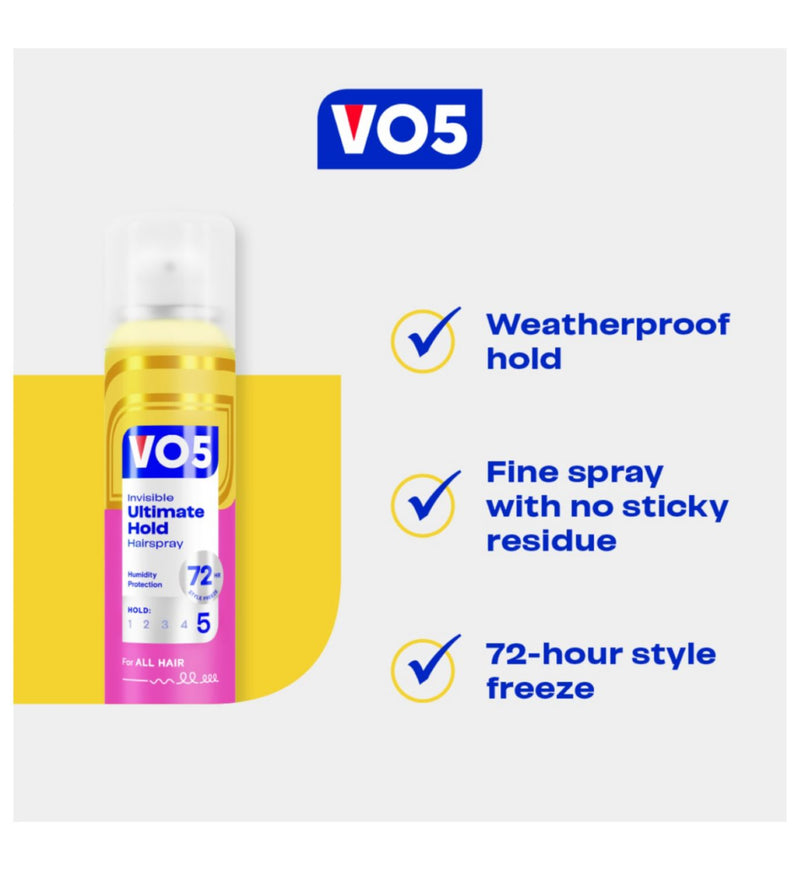 VO5 Ultimate Hold hairspray 400ml aerosol can, UK version