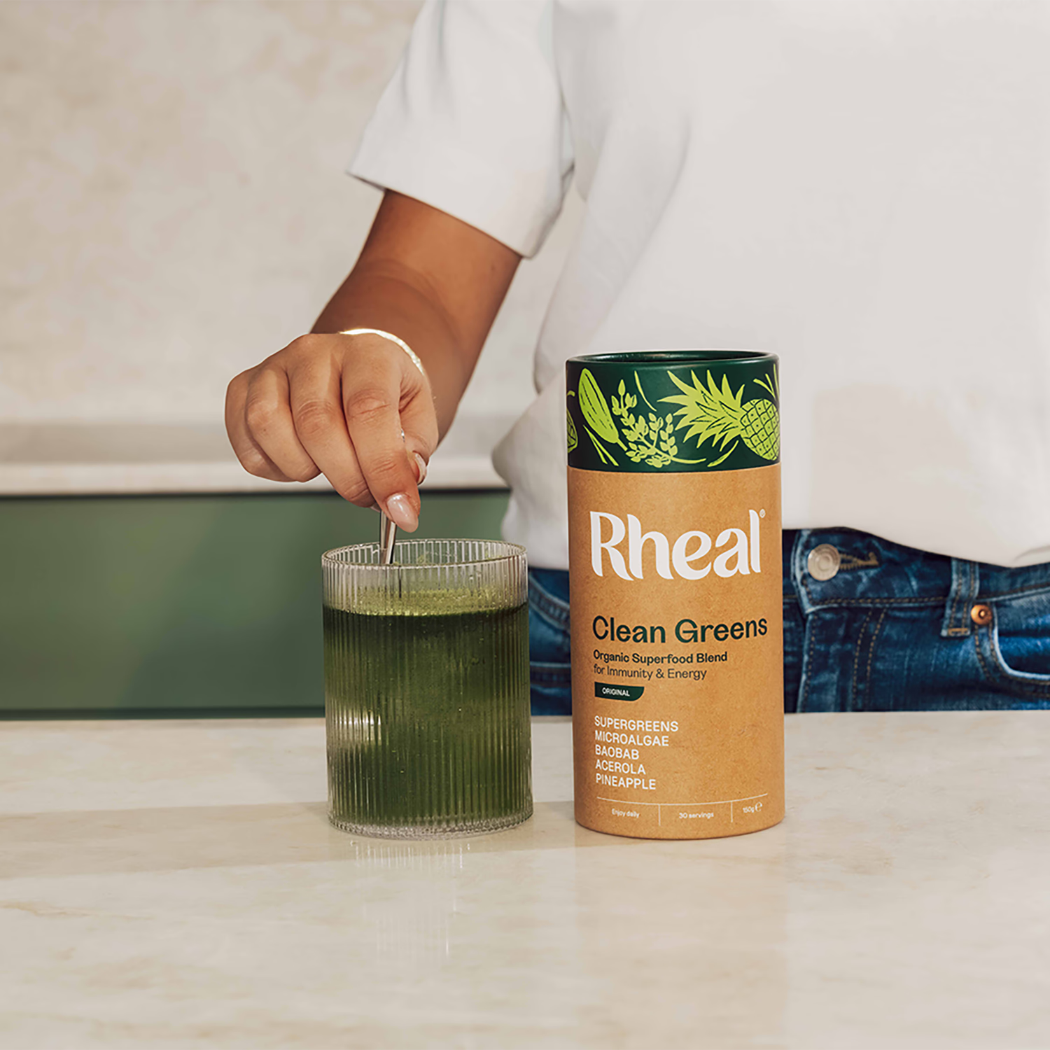 Rheal Superfoods Clean Greens organic greens powder 150g, imported from the UK