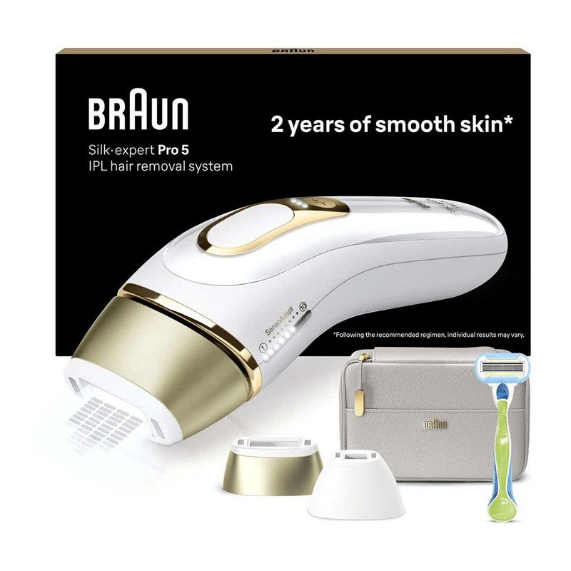 Braun IPL Silk-Expert Pro 5, At Home Hair Removal Device with Pouch, White/Gold, PL5124