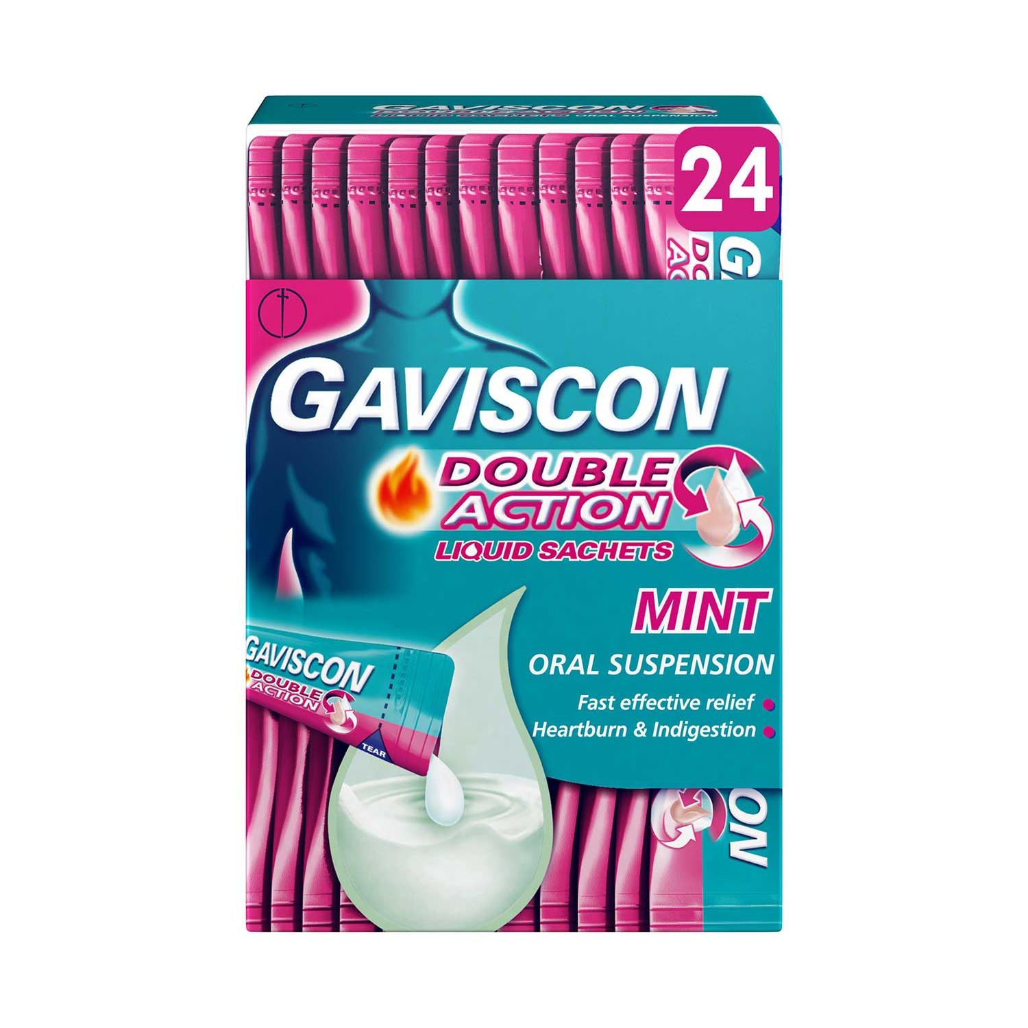 Gaviscon sachets menthe soulagement brûlures d'estomac 24x10ml, version UK