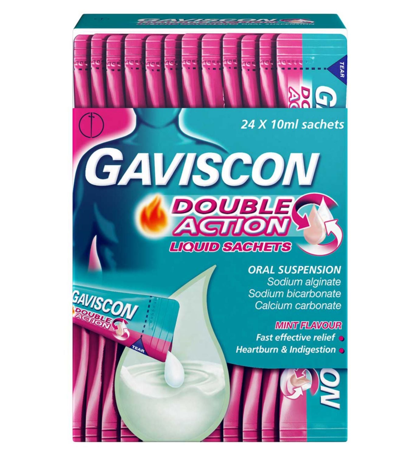 Gaviscon sachets menthe soulagement brûlures d'estomac 24x10ml, version UK
