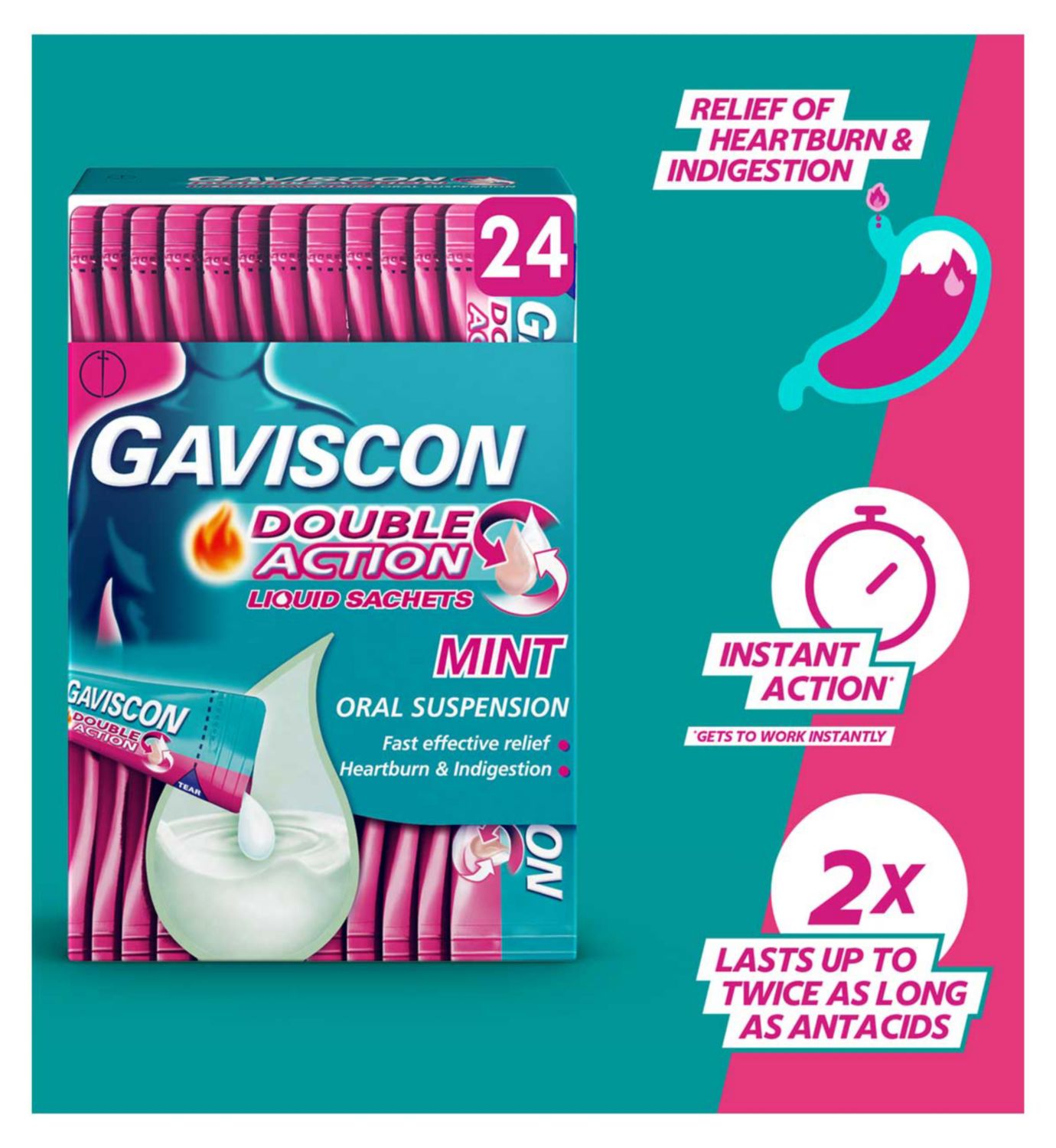 Gaviscon sachets menthe soulagement brûlures d'estomac 24x10ml, version UK