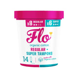 Flo organic cotton tampons combo pack 8 regular 6 super, imported from the UK