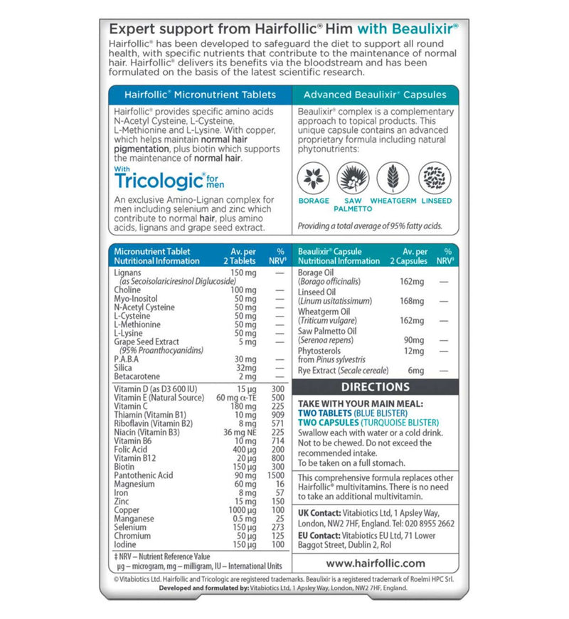 Vitabiotics Hairfollic Him Advanced 30 tablets 30 capsules, imported from the UK
