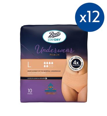 Boots Staydry Underwear Pants Large - 120 Pants (12 Pack Bundle)