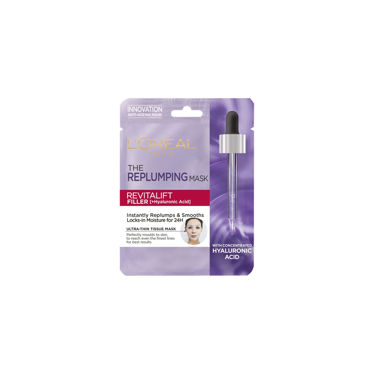 L'Oreal Paris Revitalift Filler Hyaluronic Acid tissue mask, imported from the UK