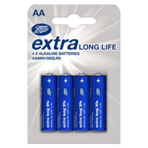 Boots AA extra lasting batteries alkaline 4 pack - British product