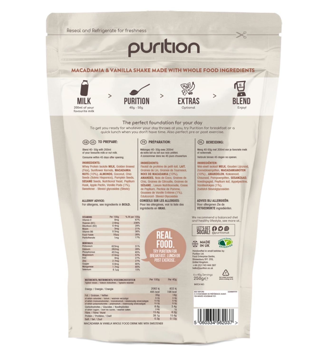Purition wholefood nutrition powder macadamia and vanilla 250g (British brand)