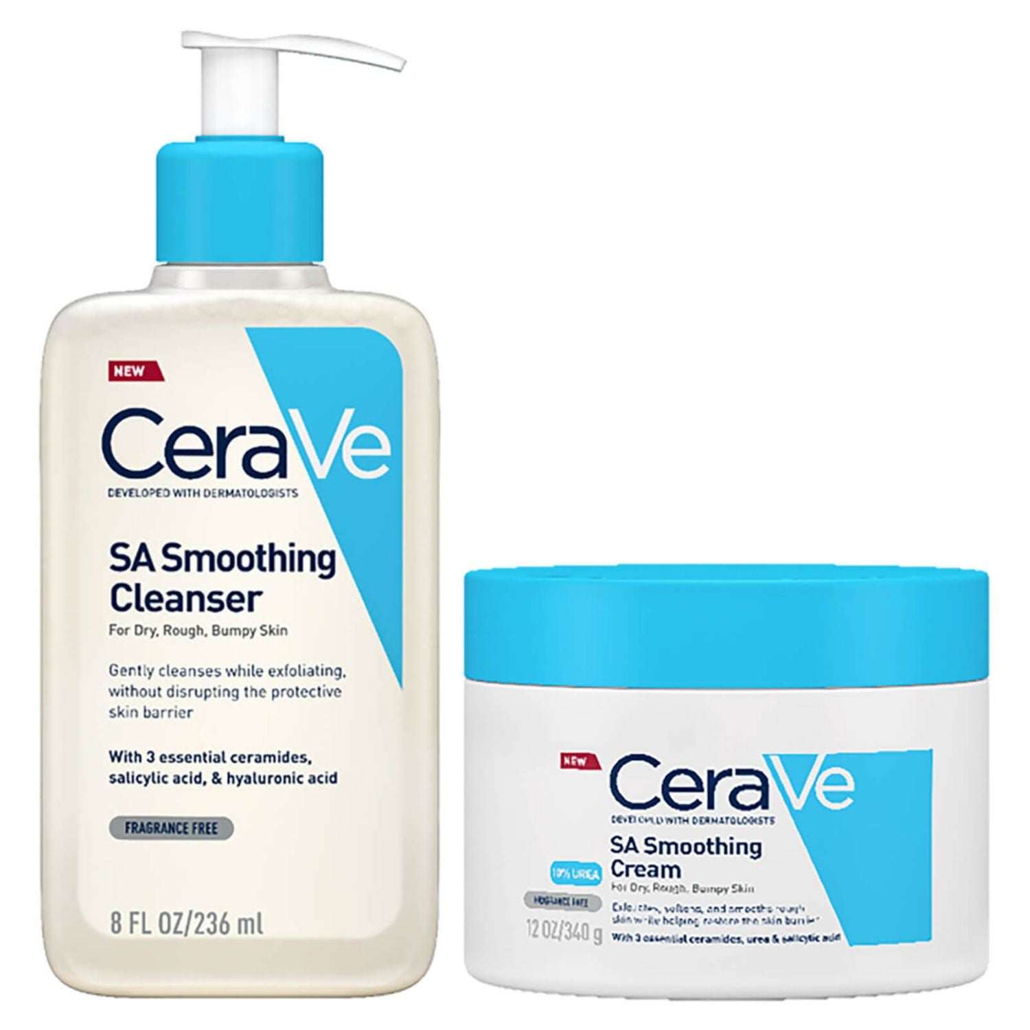 CeraVe Skin Smoothing Duo SA Cream 340g and Cleanser 236ml, imported from the UK