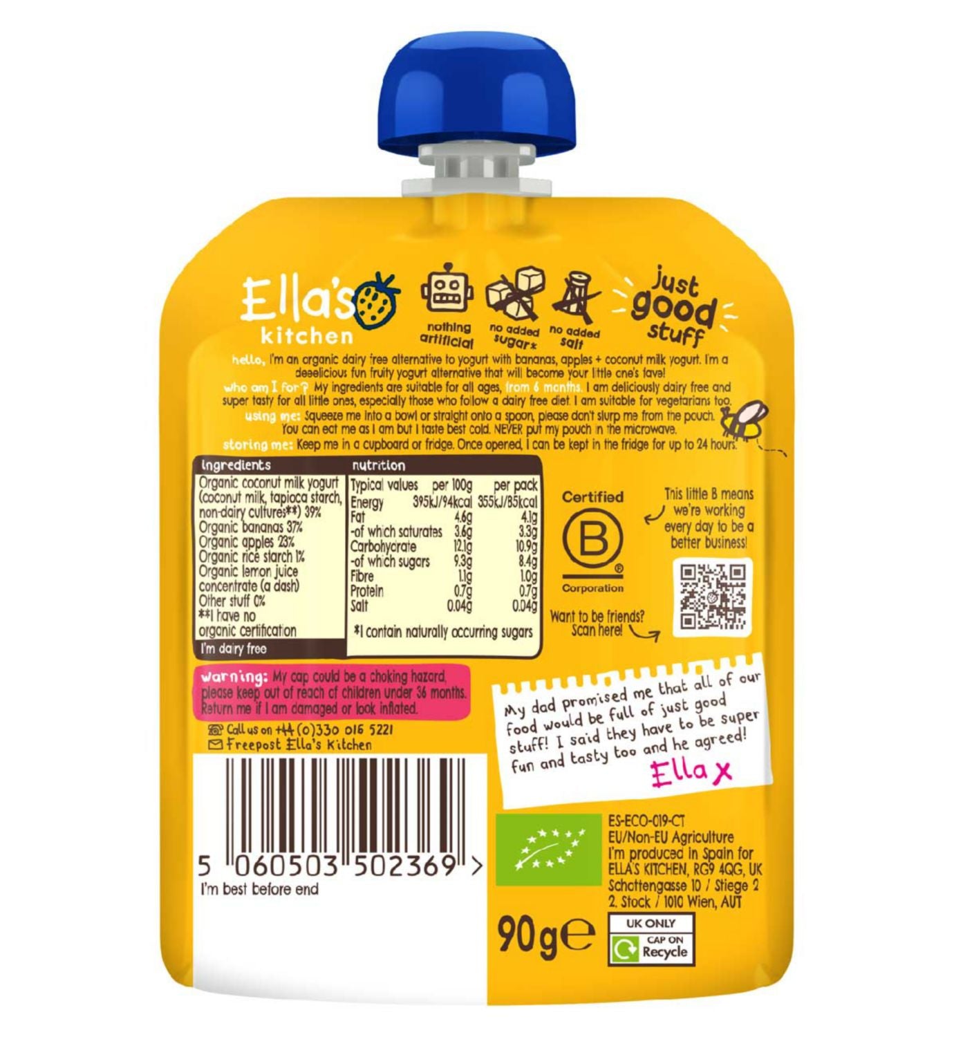 Ella's Kitchen dairy free coconut yoghurt with banana baby food pouch 90g (British brand)