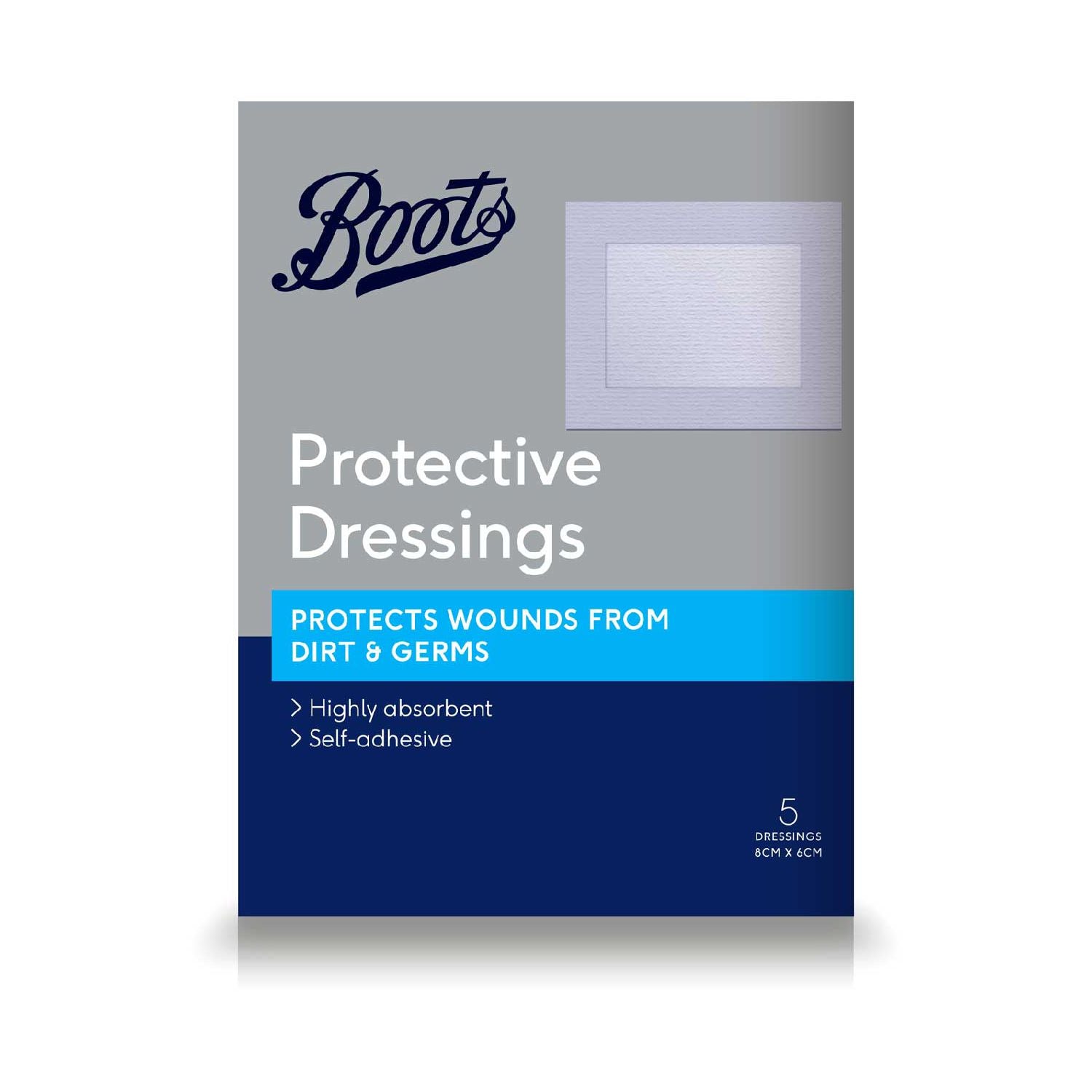 Boots protective dressings 5 pack 8cm x 6cm, UK version