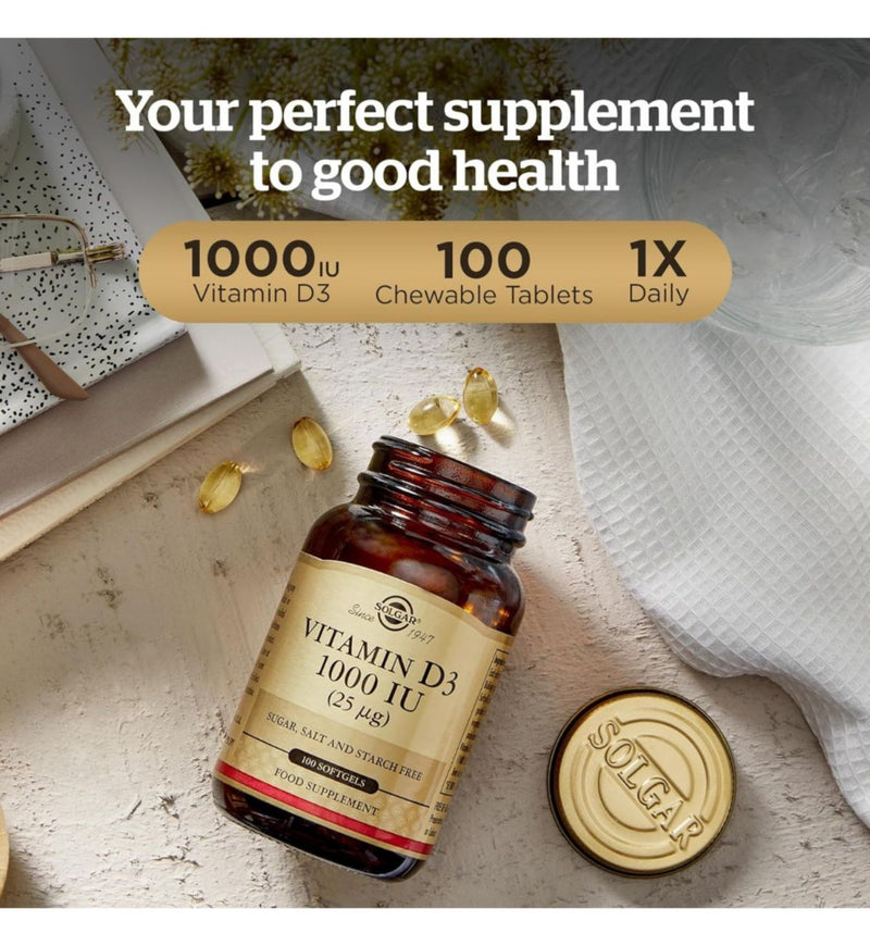 Solgar Vitamin D3 1000 IU chewable tablets 100 count, imported from the UK