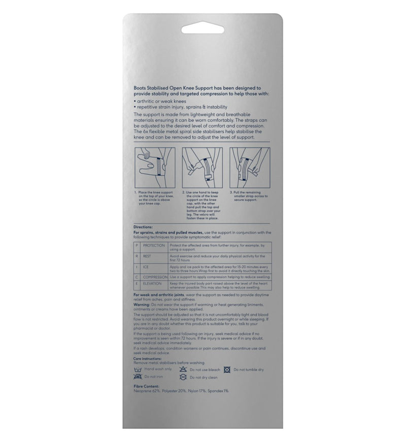 Boots stabilised open knee support one size, imported from the UK