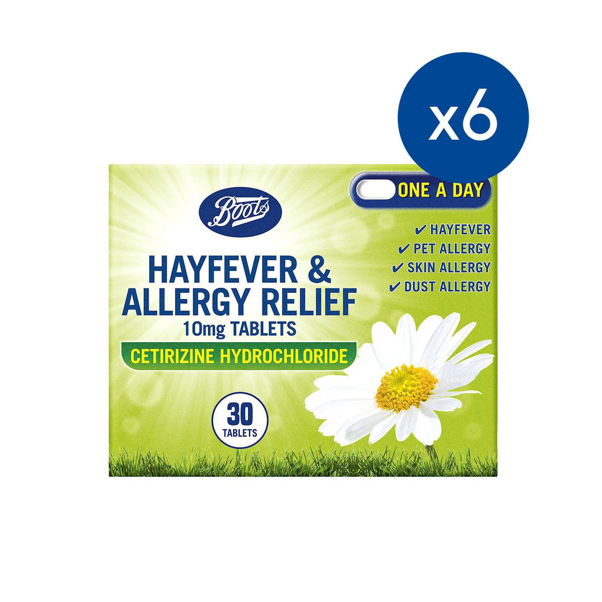 Boots Hayfever & Allergy Relief 10mg Tablets Cetirizine - 6 x 30 Tablets (6 Months Supply bundle)