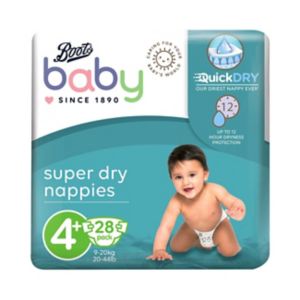 Boots Baby Super Dry Nappies Size 4+ 28 pack - British product