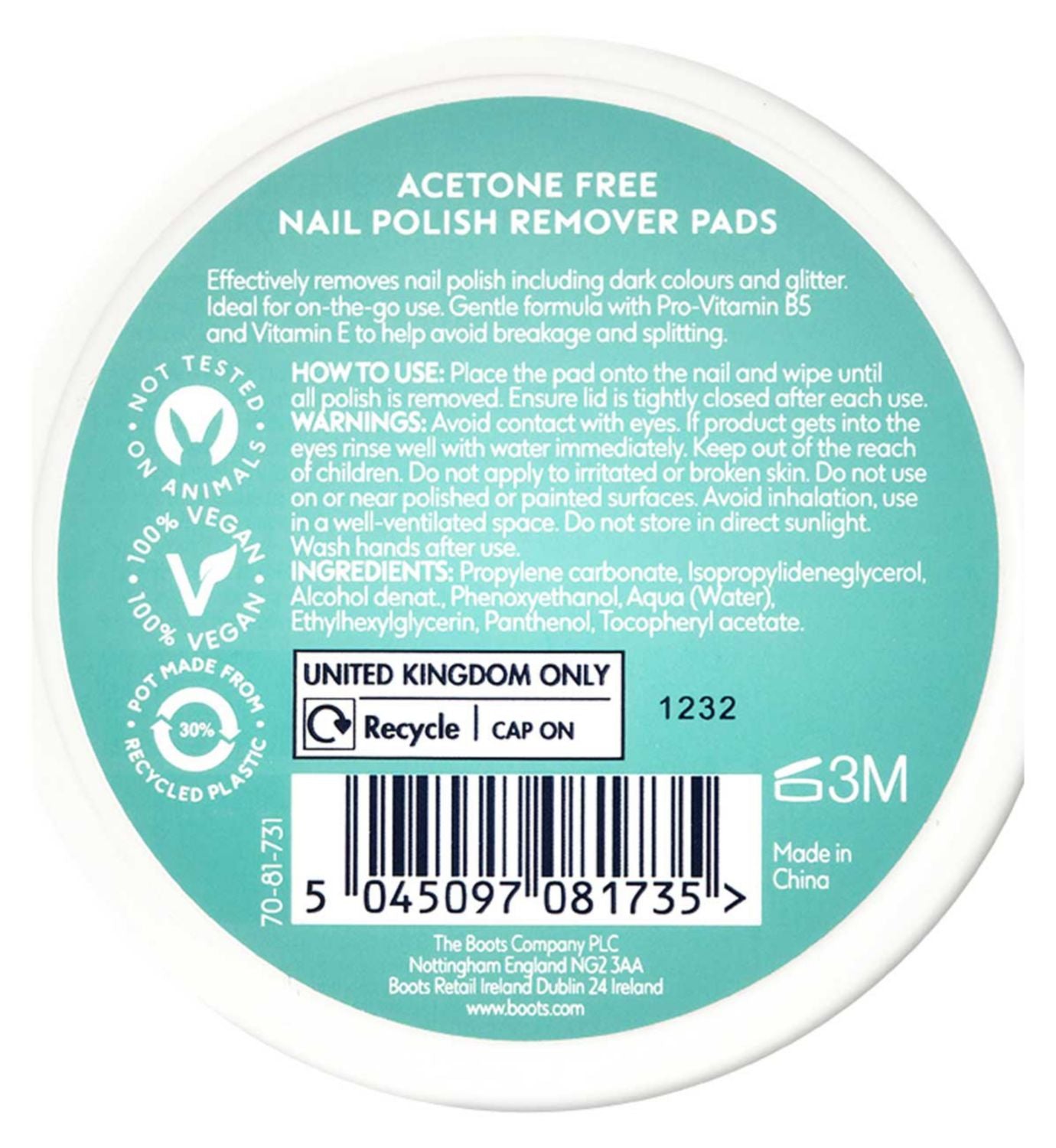 Boots nail polish remover pads acetone free 25s - British product