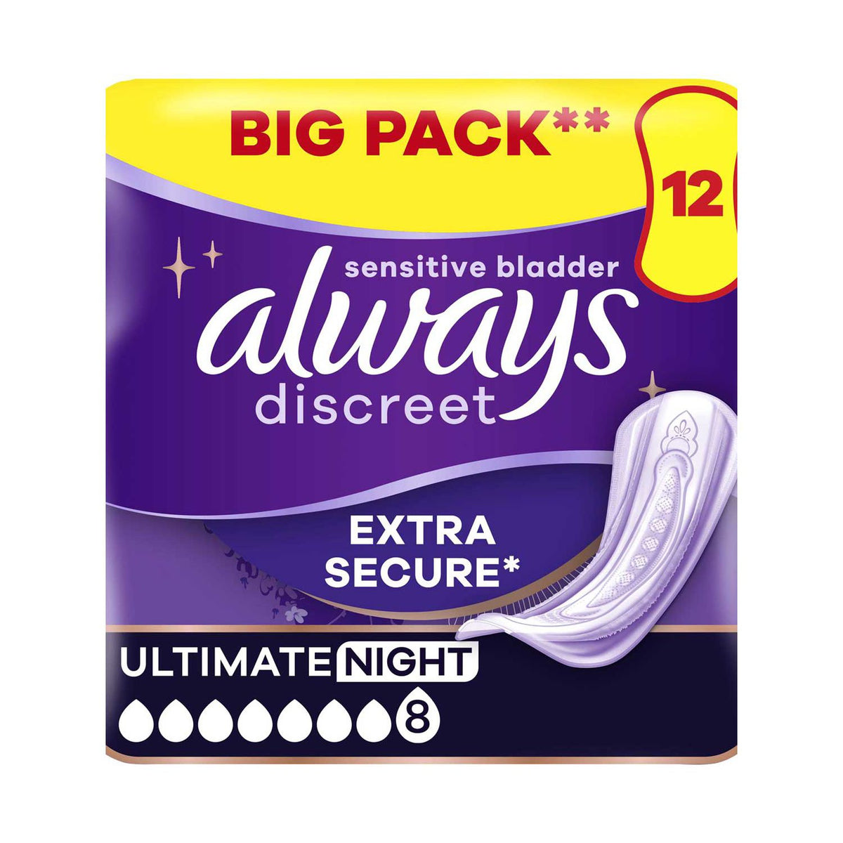 Always Discreet incontinence pads ultimate night 12 count, UK version