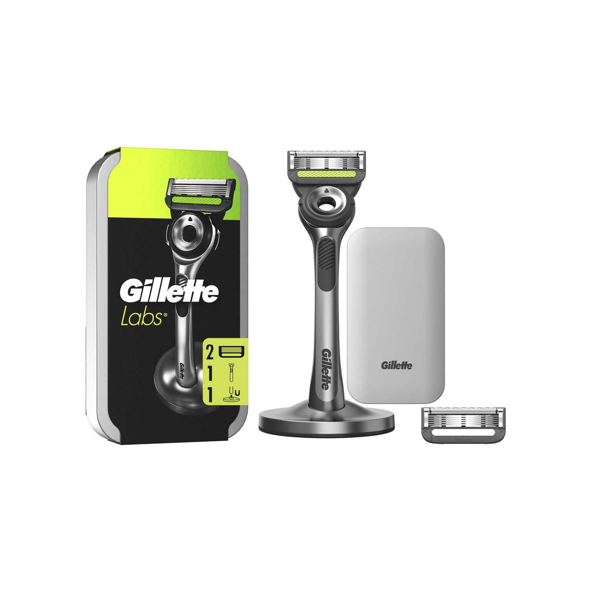 GilletteLabs exfoliating bar razor handle with blades and stand, UK version