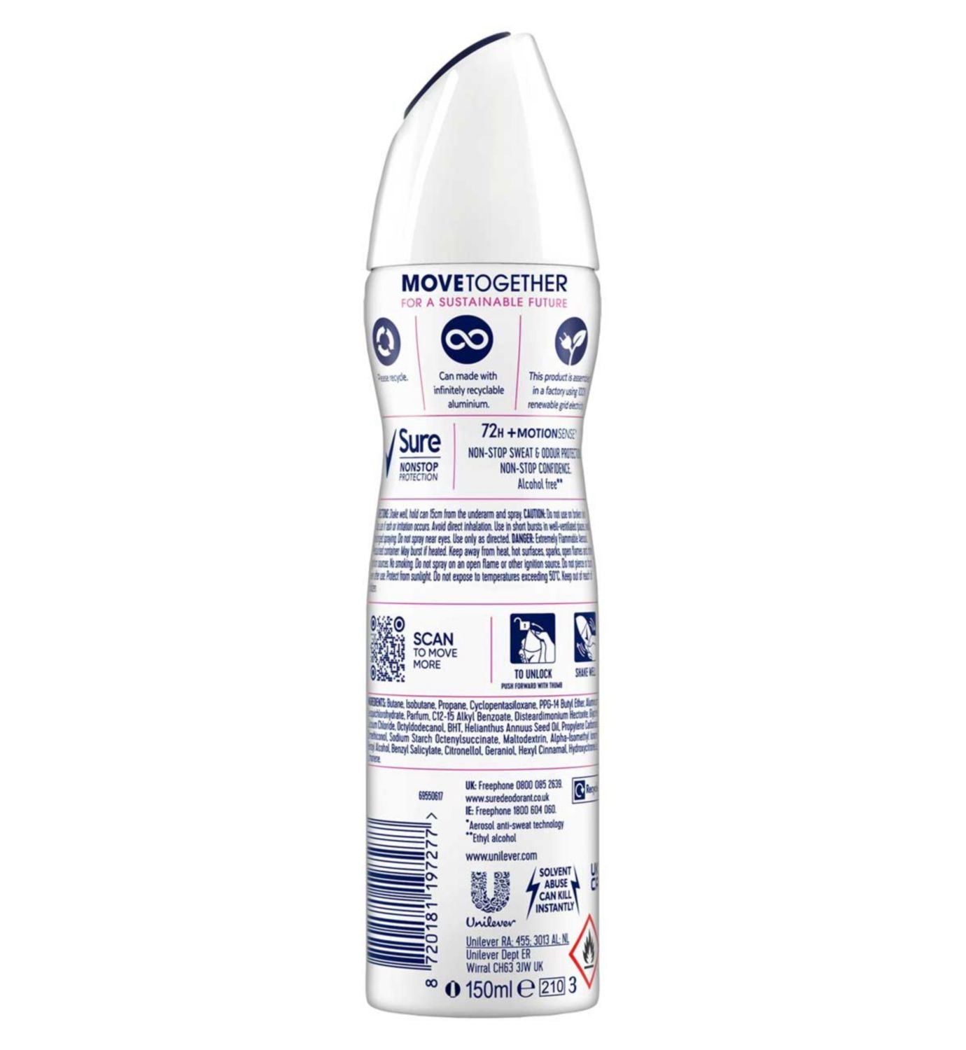 Sure antiperspirant aerosol Invisible Pure 150ml (British brand)