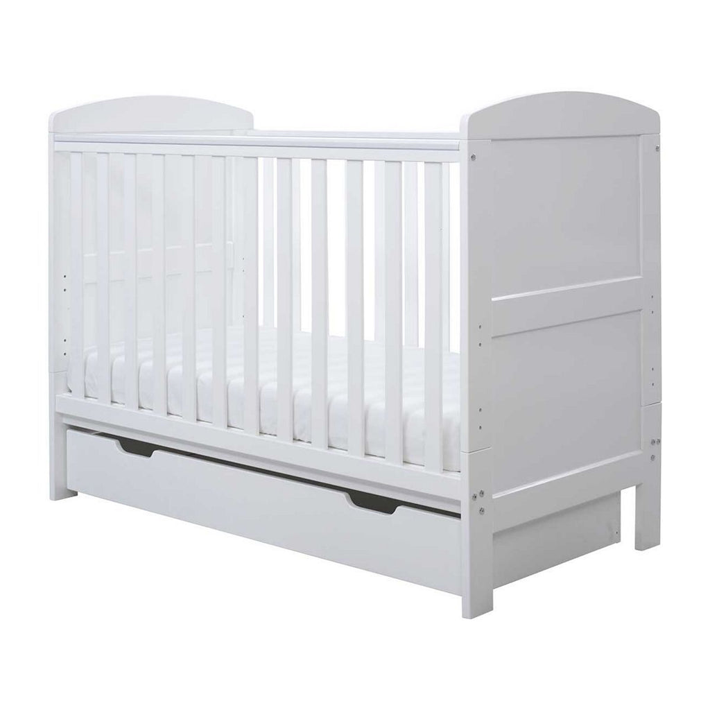 Ickle Bubba Coleby Mini Cot Bed, Under Drawer with Sprung Mattress - White