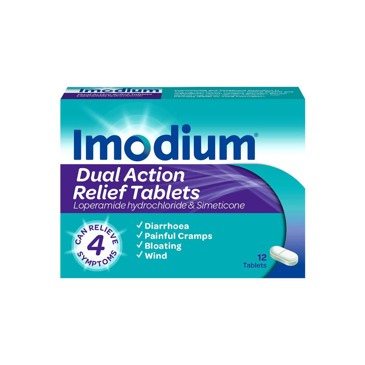 Imodium Dual Action Relief tablets 12 count, UK version