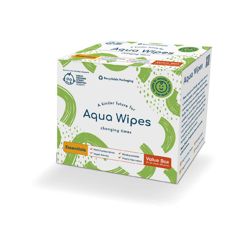 Aqua Wipes Essentials biodegradable baby wipes 56s 12 packs - British product