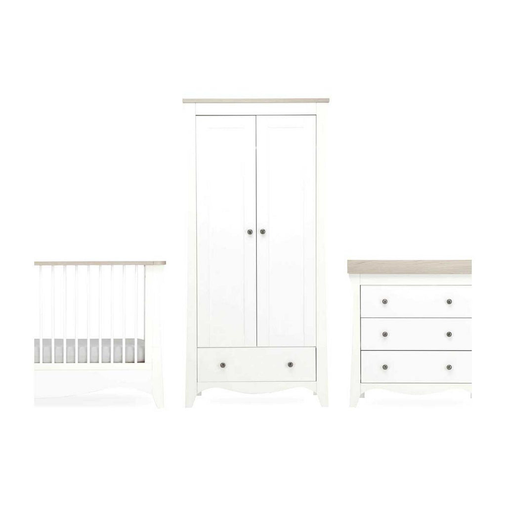 CuddleCo Clara 3pc White & Ash Nursery Furniture Set - 3 Drawer Dresser, Cot Bed and Wardrobe