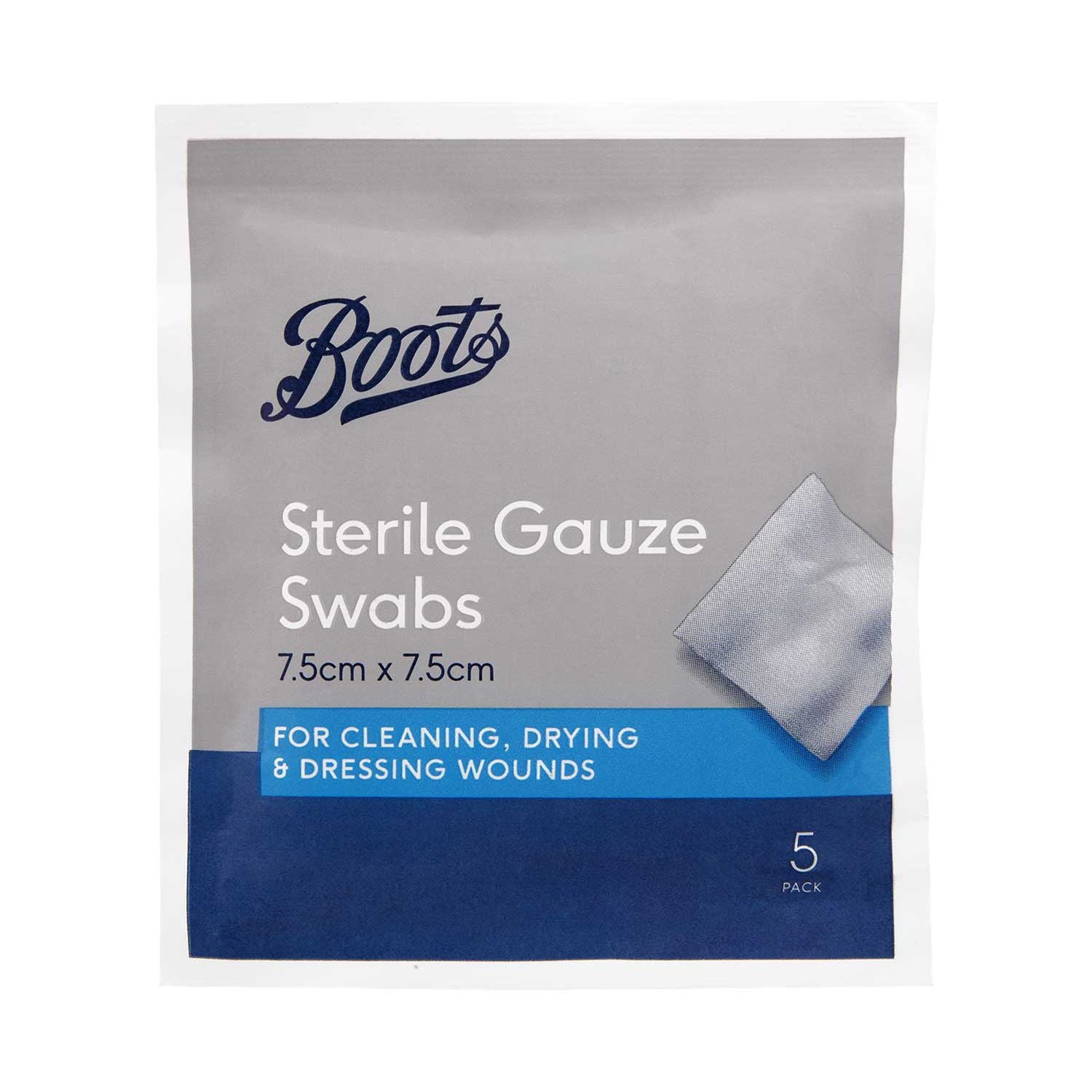 Boots sterile gauze swabs pack of 5 7.5cm x 7.5cm (British brand)