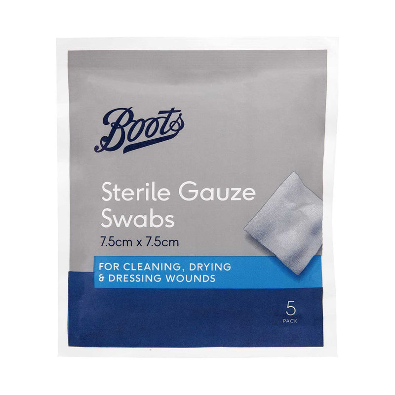 Boots sterile gauze swabs pack of 5 7.5cm x 7.5cm (British brand)