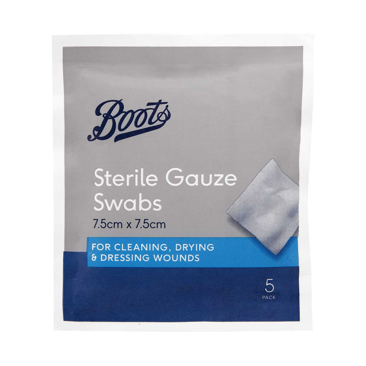 Boots sterile gauze swabs pack of 5 7.5cm x 7.5cm (British brand)