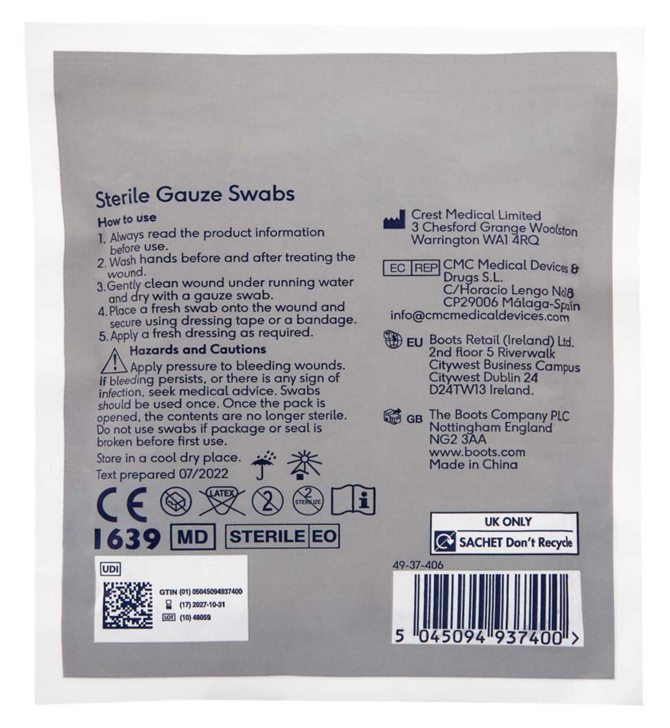 Boots sterile gauze swabs pack of 5 7.5cm x 7.5cm (British brand)