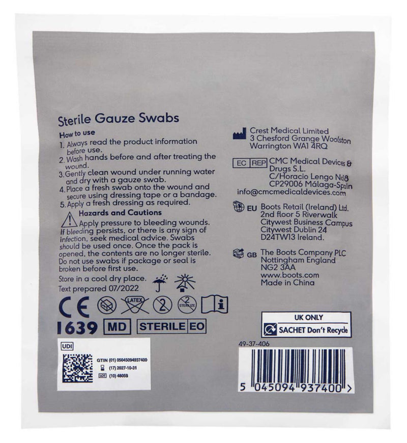 Boots sterile gauze swabs pack of 5 7.5cm x 7.5cm (British brand)