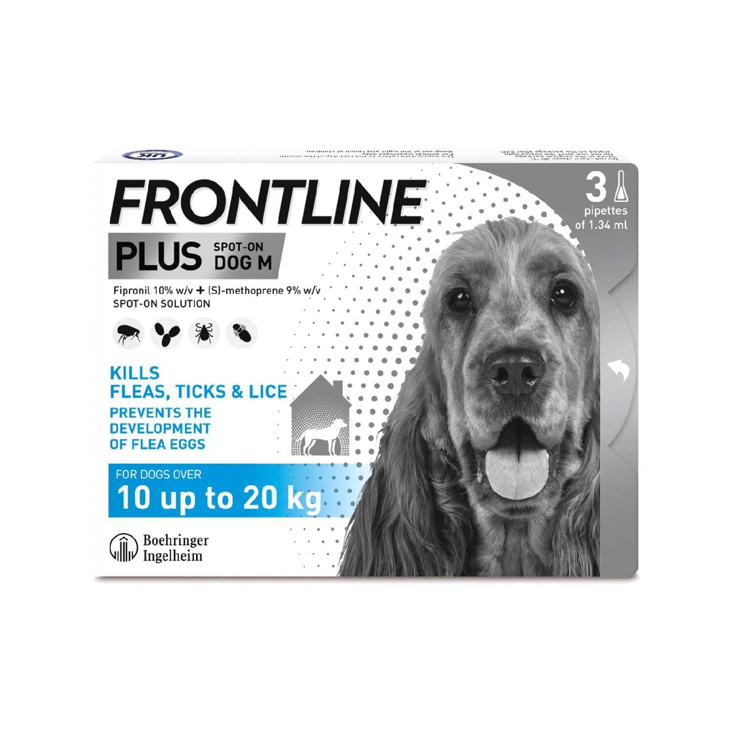 Frontline Plus spot-on flea treatment for medium dogs 10-20kg, imported from the UK